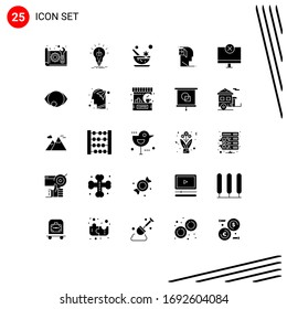25 Universal Solid Glyph Signs Symbols of mind; human; printing; door; mortar Editable Vector Design Elements