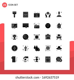 25 Universale Zeichen für eine feste Glyphe, Zeichen für Finger; Presse; Datum; Macht, Design-Elemente für bearbeitbare Vektorillustrationen erhalten