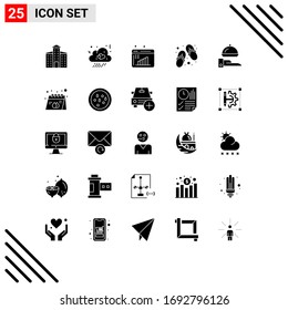 25 Universelles Symbol für die Glyphe Symbole des Restaurants; Lebensmittel; Unternehmensforschung; Spa; Schuhe Bearbeitbare Vektorillustration Design Elemente