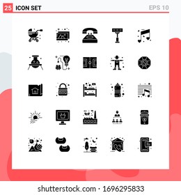25 Universal Solid Glyph Signs Symbols of heart; music; communication; stadium; construction Editable Vector Design Elements