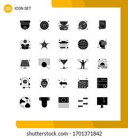 25 Universal Solid Glyph Signs Symbols of certificate; degree; fruits; marketing; target Editable Vector Design Elements