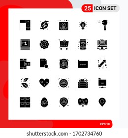 25 Universal Solid Glyph Signs Symbols of light; idea; investment; electrical; lightbulb Editable Vector Design Elements