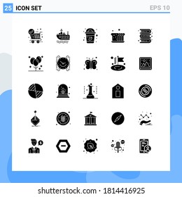 25 Universal Solid Glyph Signs Symbols of knowledge; books; cup; meal; bread Editable Vector Design Elements