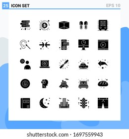 25 Universal Solid Glyphs Set for Web and Mobile Applications party; audio; box; shoes; hygiene Editable Vector Design Elements