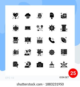 25 Universal Solid Glyphs Set for Web and Mobile Applications card; food; drum; drink; cold Editable Vector Design Elements