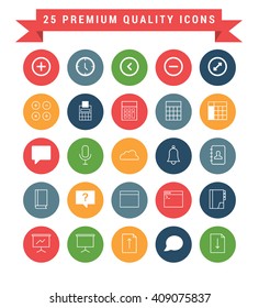 25 Universal web and mobile icon set. A set of 25 multi coloured flat icons for mobile and web.