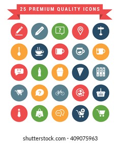 25 Universal web and mobile icon set. A set of 25 multi coloured flat icons for mobile and web.