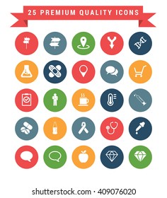 25 Universal web and mobile icon set. A set of 25 multi coloured flat icons for mobile and web.
