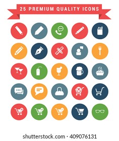 25 Universal web and mobile icon set. A set of 25 multi coloured flat icons for mobile and web.