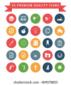 25 Universal web and mobile icon set. A set of 25 multi coloured flat icons for mobile and web.