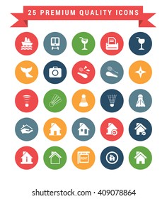 25 Universal web and mobile icon set. A set of 25 multi coloured flat icons for mobile and web.