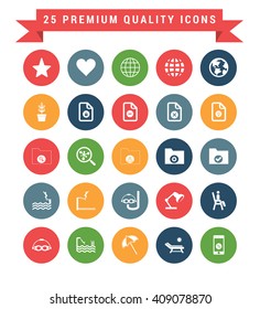 25 Universal web and mobile icon set. A set of 25 multi coloured flat icons for mobile and web.