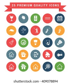 25 Universal web and mobile icon set. A set of 25 multi coloured flat icons for mobile and web.