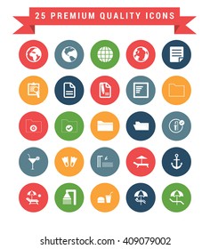 25 Universal web and mobile icon set. A set of 25 multi coloured flat icons for mobile and web.