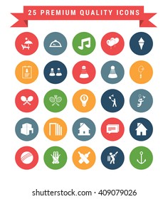 25 Universal web and mobile icon set. A set of 25 multi coloured flat icons for mobile and web.