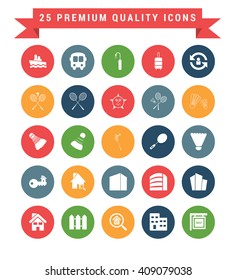 25 Universal web and mobile icon set. A set of 25 multi coloured flat icons for mobile and web.