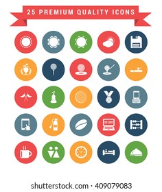 25 Universal web and mobile icon set. A set of 25 multi coloured flat icons for mobile and web.