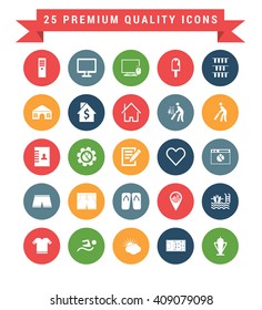 25 Universal web and mobile icon set. A set of 25 multi coloured flat icons for mobile and web.