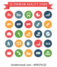 25 Universal web and mobile icon set. A set of 25 multi coloured flat icons for mobile and web.
