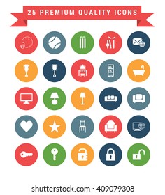 25 Universal web and mobile icon set. A set of 25 multi coloured flat icons for mobile and web.