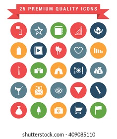 25 Universal web and mobile icon set. A set of 25 multi coloured flat icons for mobile and web.
