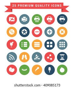 25 Universal web and mobile icon set. A set of 25 multi coloured flat icons for mobile and web.
