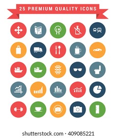 25 Universal web and mobile icon set. A set of 25 multi coloured flat icons for mobile and web.
