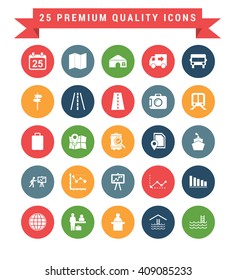 25 Universal web and mobile icon set. A set of 25 multi coloured flat icons for mobile and web.
