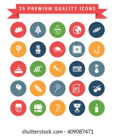 25 Universal web and mobile icon set. A set of 25 multi coloured flat icons for mobile and web.