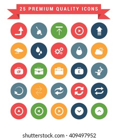 25 Universal web and mobile icon set. A set of 25 multi coloured flat icons for mobile and web.