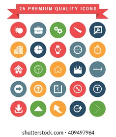 25 Universal web and mobile icon set. A set of 25 multi coloured flat icons for mobile and web.