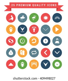 25 Universal web and mobile icon set. A set of 25 multi coloured flat icons for mobile and web.