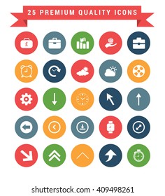 25 Universal web and mobile icon set. A set of 25 multi coloured flat icons for mobile and web.