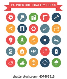 25 Universal web and mobile icon set. A set of 25 multi coloured flat icons for mobile and web.