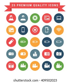 25 Universal web and mobile icon set. A set of 25 multi coloured flat icons for mobile and web.