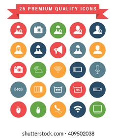 25 Universal web and mobile icon set. A set of 25 multi coloured flat icons for mobile and web.