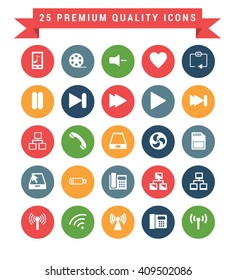 25 Universal web and mobile icon set. A set of 25 multi coloured flat icons for mobile and web.