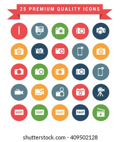 25 Universal web and mobile icon set. A set of 25 multi coloured flat icons for mobile and web.