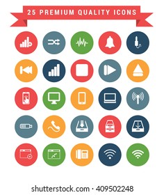 25 Universal web and mobile icon set. A set of 25 multi coloured flat icons for mobile and web.