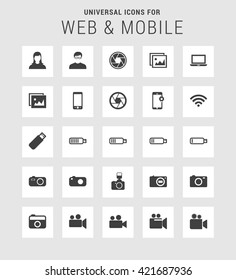 25 Universal web and mobile icon set. A set of 25 flat icons for mobile and web.
