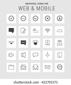 25 Universal web and mobile icon set. A set of 25 flat icons for mobile and web.