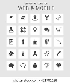 25 Universal web and mobile icon set. A set of 25 flat icons for mobile and web.