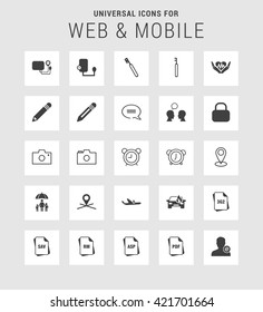 25 Universal web and mobile icon set. A set of 25  flat icons for mobile and web.