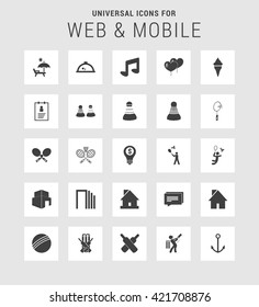 25 Universal web and mobile icon set. A set of 25 flat icons for mobile and web.
