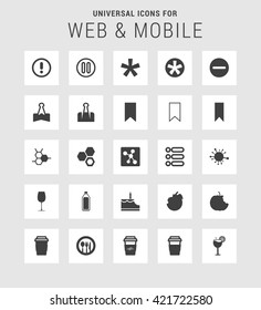 25 Universal web and mobile icon set. A set of 25  flat icons for mobile and web.