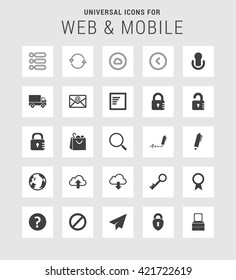 25 Universal web and mobile icon set. A set of 25  flat icons for mobile and web.