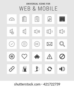 25 Universal web and mobile icon set. A set of 25  flat icons for mobile and web.