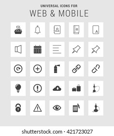 25 Universal web and mobile icon set. A set of 25 multi coloured flat icons for mobile and web.