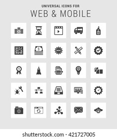25 Universal web and mobile icon set. A set of 25  flat icons for mobile and web.