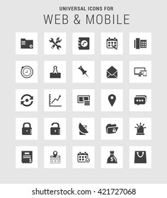 25 Universal web and mobile icon set. A set of 25  flat icons for mobile and web.